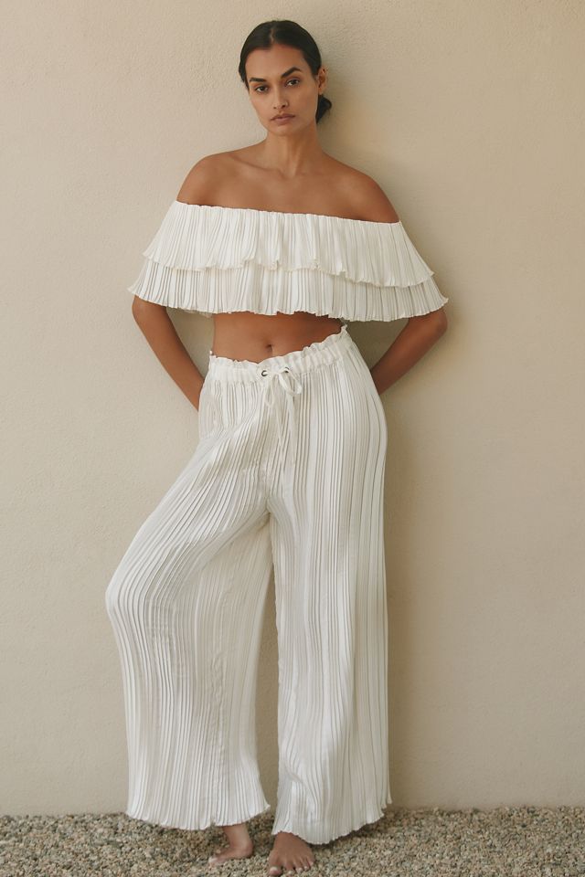 By Anthropologie Off-The-Shoulder Plissé Ruffled Crop Top #3