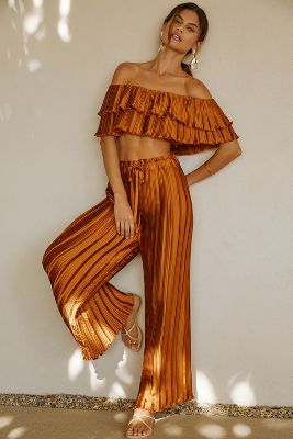 By Anthropologie High-waisted Plissé Wide-leg Pants In Brown
