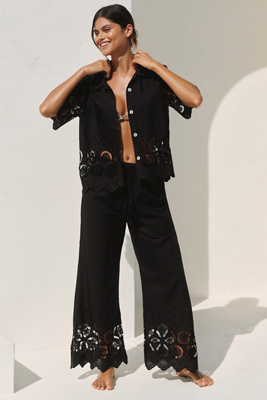 Mahila Embroidered Cutwork Wide-leg Pants In Black