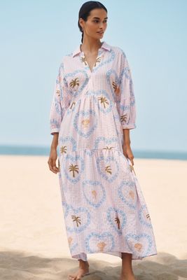 Robe chemise longue à étages imprimée By Anthropologie