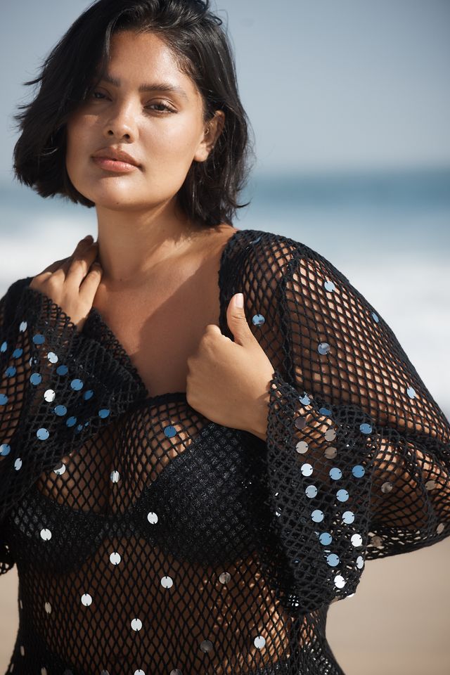 Celandine Long-Sleeve Sheer Sequin Mesh Cover-Up Mini Dress #5