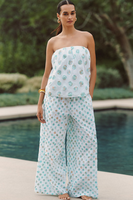 Celandine Strapless Polka Dot Top In Blue