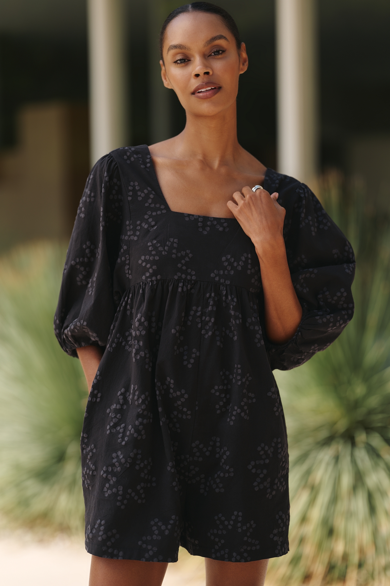 Celandine Puff-Sleeve Cotton Romper