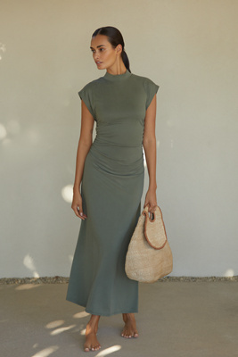 By Anthropologie Turtleneck Ruched Midi Dress In Green