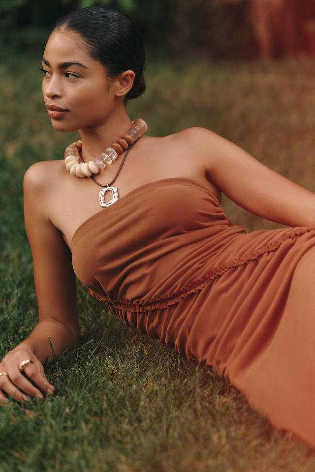 Gabbie Strapless Ruched Tube Dress by Celandine in Brown, Size: XS at Anthropologie