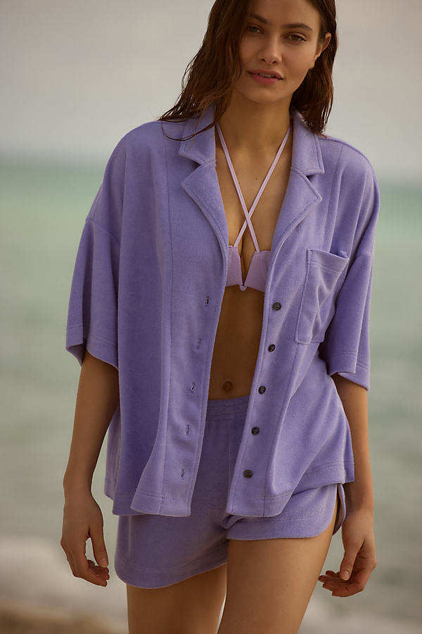 By Anthropologie Short-sleeve Terry Buttondown Shirt In Purple