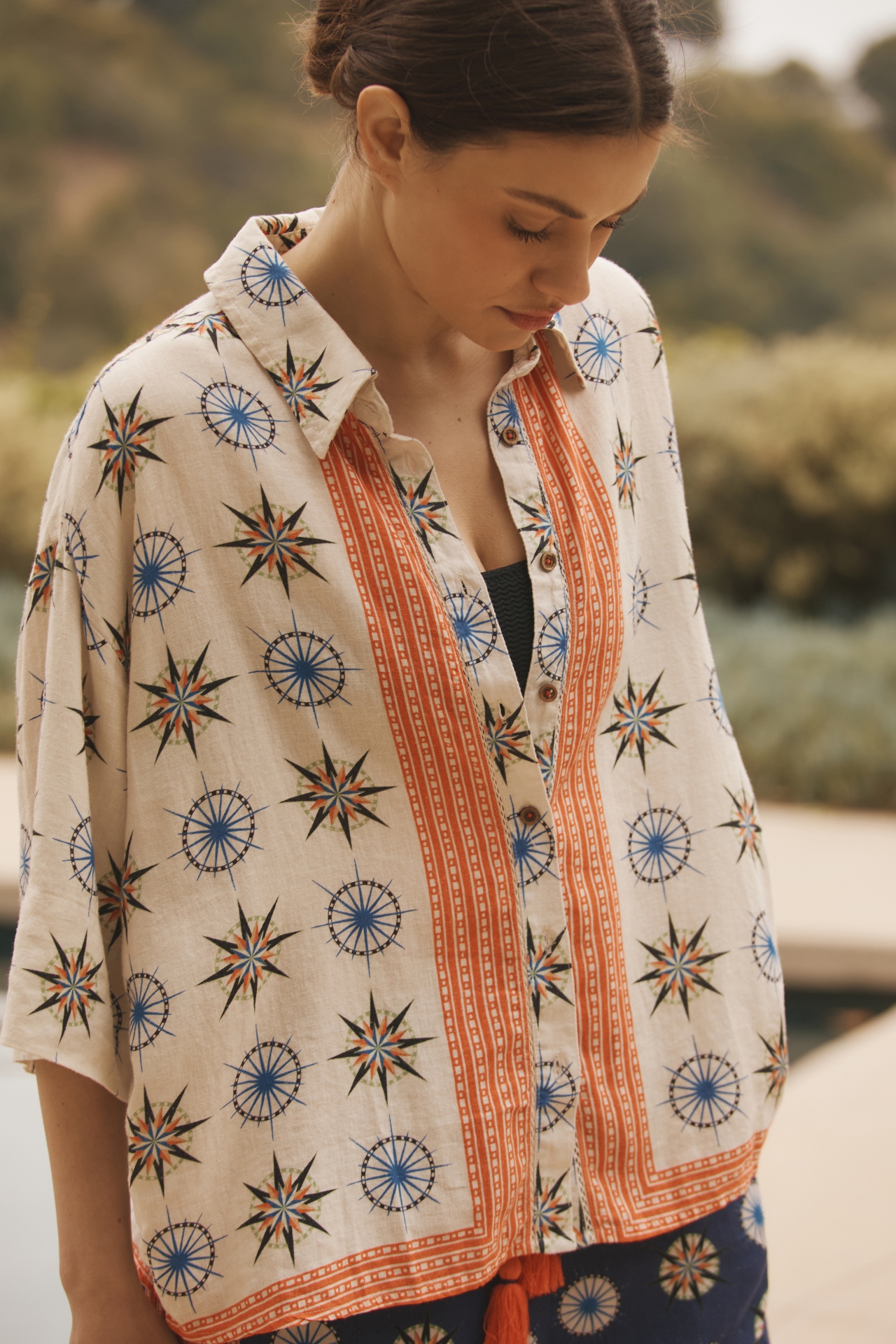 By Anthropologie Short-Sleeve Printed Linen Buttondown Shirt