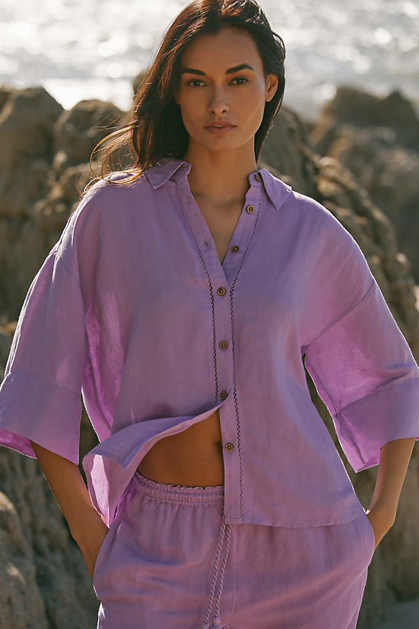 By Anthropologie Short-sleeve Printed Linen Buttondown Shirt In Purple