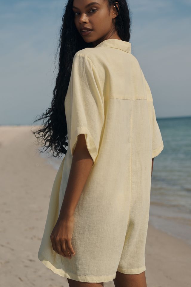 By Anthropologie Short-Sleeve Collared Linen Romper #2