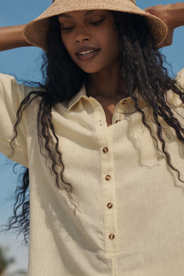 By Anthropologie Short-Sleeve Collared Linen Romper #3