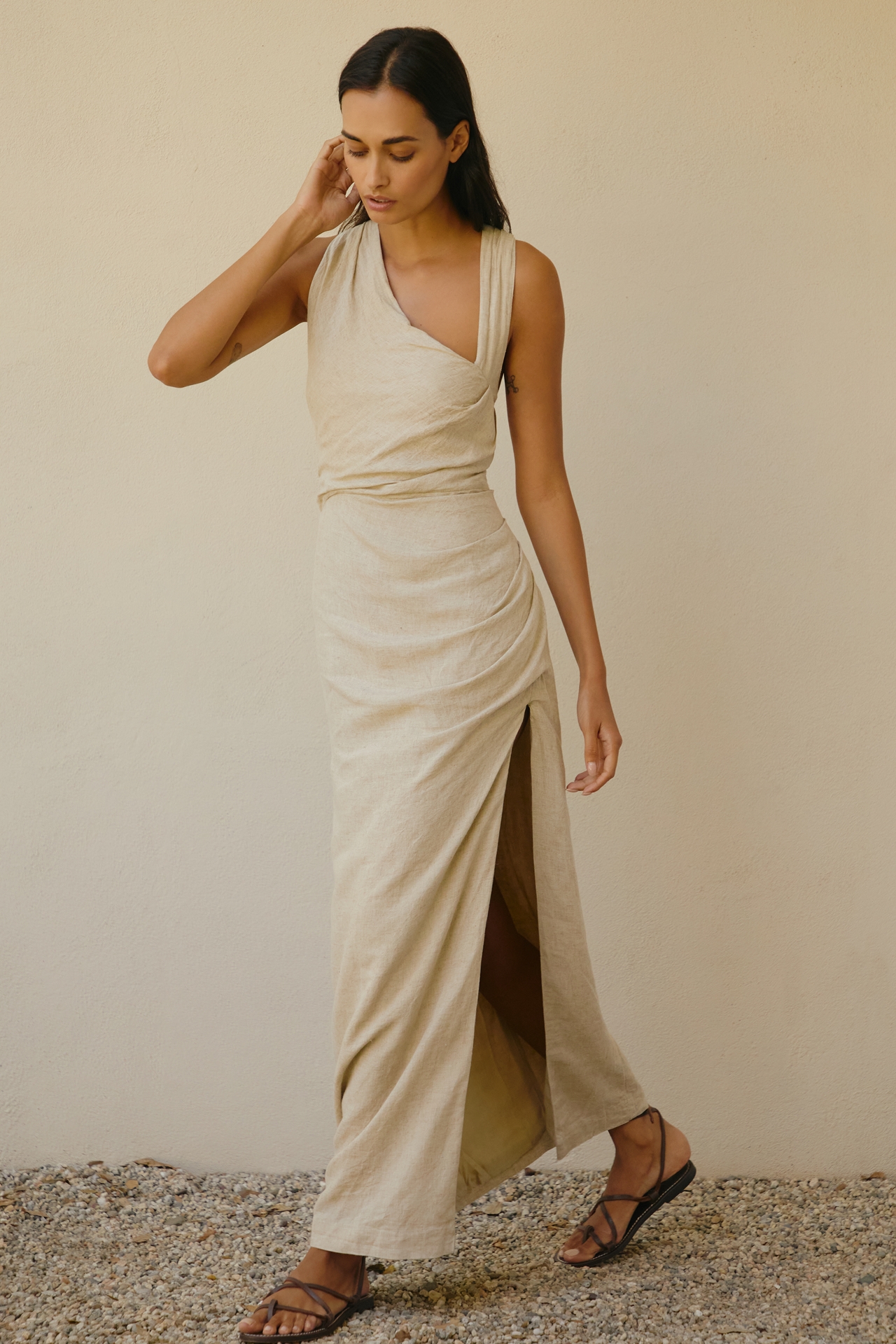 By Anthropologie Asymmetrical Linen Maxi Dress