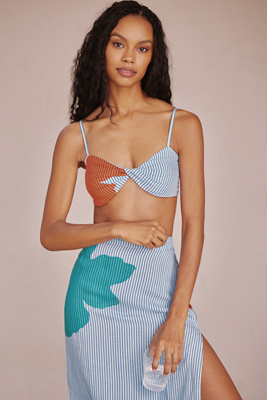 Celandine Linen Blend Bandeau Crop Top In Blue