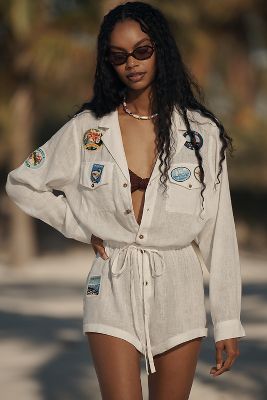 CELANDINE PATCHED LINEN BLEND BUTTONDOWN UTILITY ROMPER 