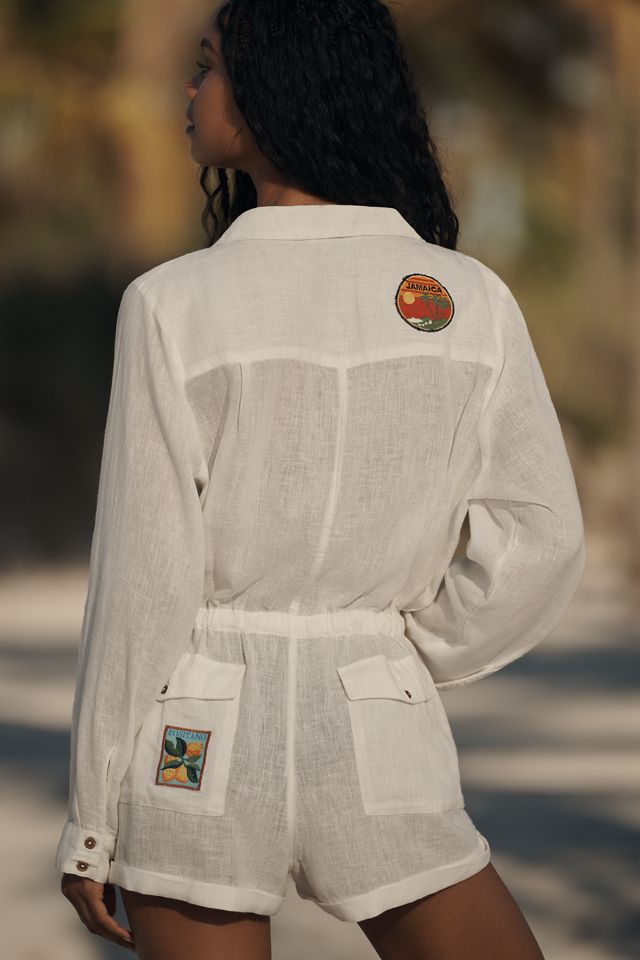 Celandine Patched Linen Blend Buttondown Utility Romper #1