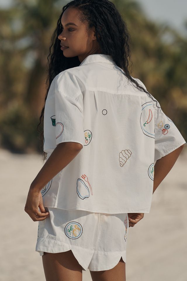 Celandine Picnic Embroidered Poplin Short Sleeve Buttondown Shirt #1