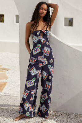 Shop Celandine Linen Blend Strapless Jumpsuit In Blue