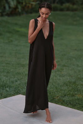 Shop Celandine Plunge-neck Linen Blend Maxi Dress In Black