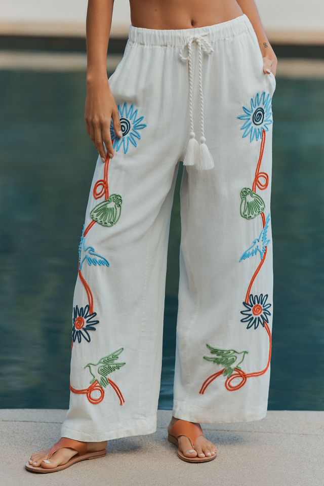 Celandine Embroidered Linen Blend Wide-Leg Pants #1