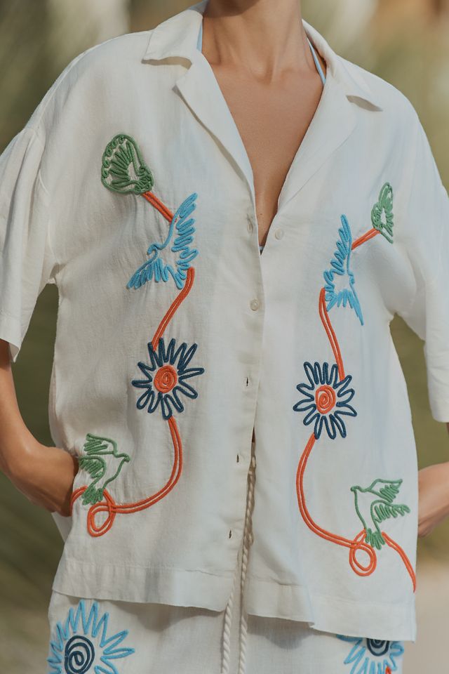 Celandine Linen Blend Embroidered Short-Sleeve Buttondown Shirt #1