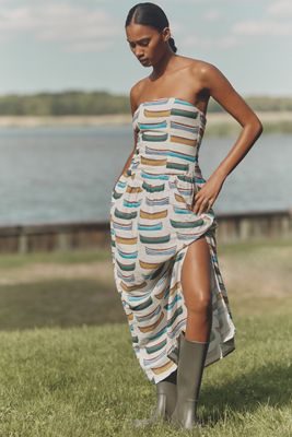 Vestido Maxi Celandine de Lino Sin Tirantes y Cintura Caída