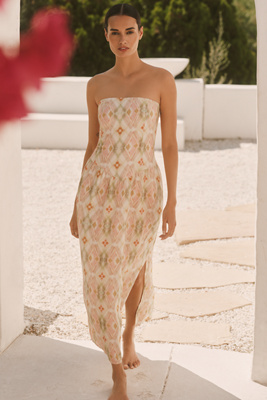 Celandine The Aliza Strapless Linen Blend Maxi Dress In Green