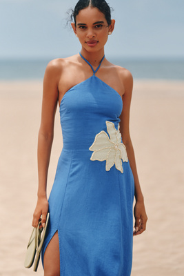 Celandine Linen-Blend Halter Side-Slit Maxi Dress
