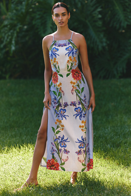 Celandine Linen Blend Botanical Midi Dress In Blue