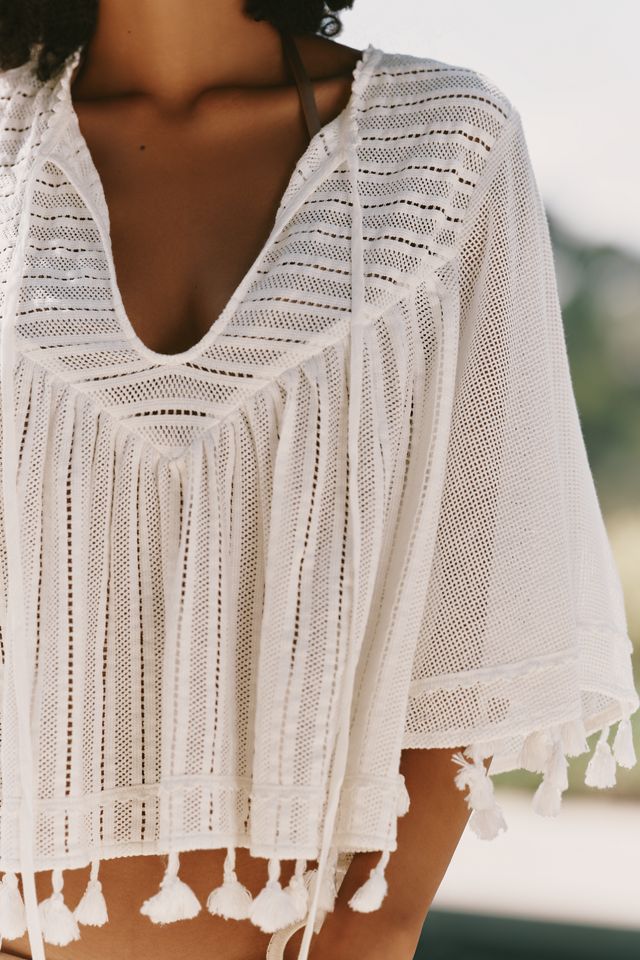 Celandine Cotton-Blend Tassel Poncho #1