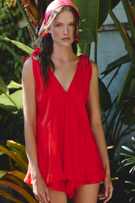 Celandine Cotton V-neck Flouncy Romper In Red
