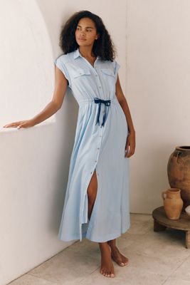 anthropologie pilcro short sleeve denim midi shirt dress Pilcro Short-Sleeve Denim Midi Shirt Dress at MarketFair Shoppes in  Princeton, NJ