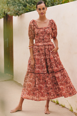 Ro's Garden Percy Puff-sleeve Midi Dress In Brown