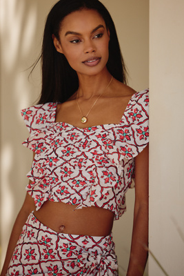 Ro's Garden Caracas Cotton Flutter-sleeve Square-neck Blouse In Pink