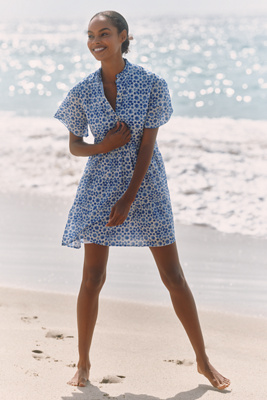 Ro's Garden Vibeka Short-sleeve Mini Dress In Blue