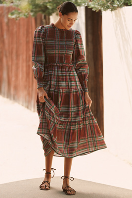 Ro's Garden Ivy Plaid Tiered Maxi Dress In Brown