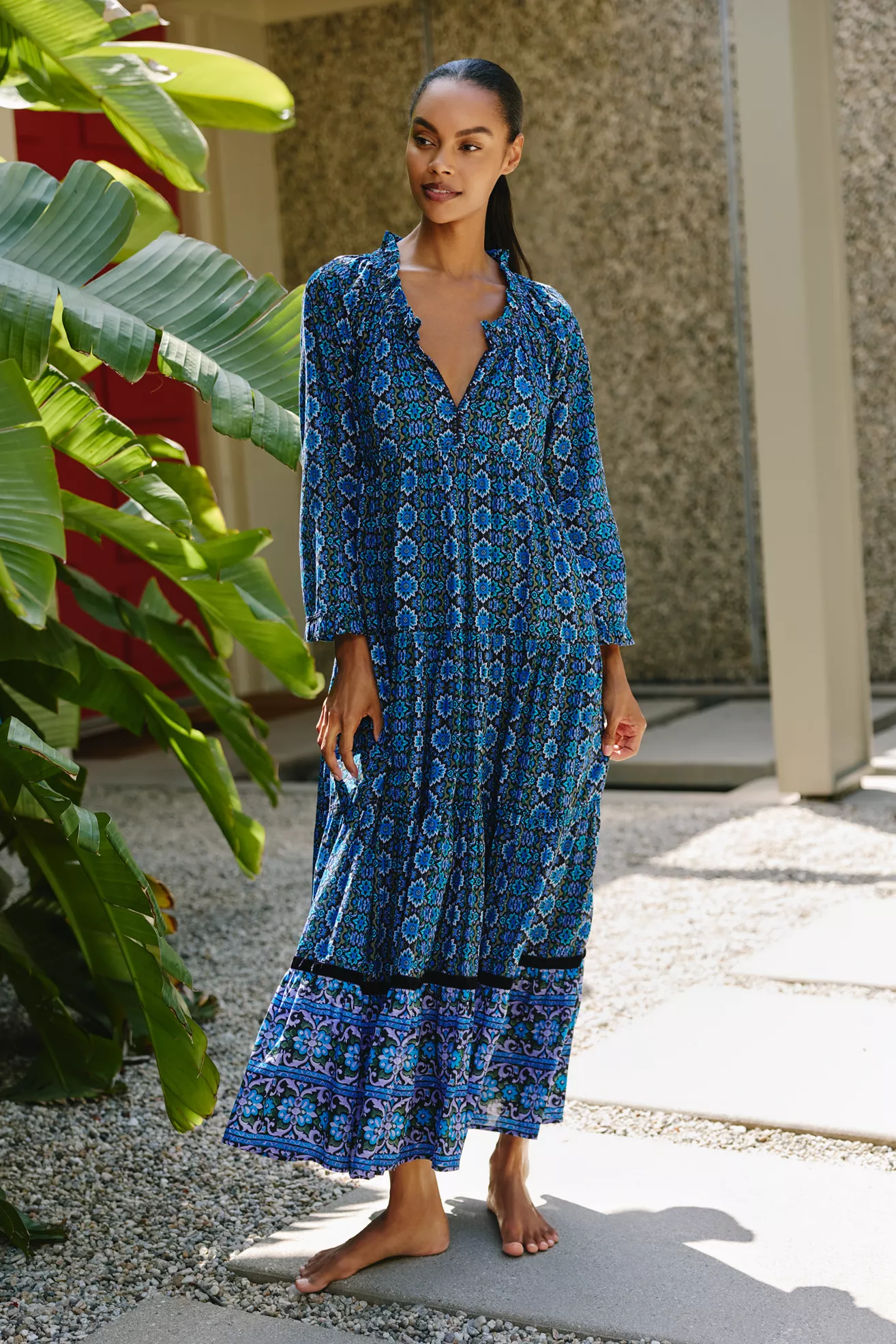 Ro's Garden Sonia Long-Sleeve Tiered Maxi Dress