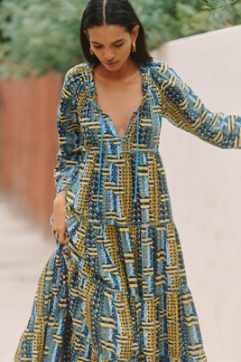 Ro's Garden Sonia Long-sleeve Tiered Maxi Dress In Blue