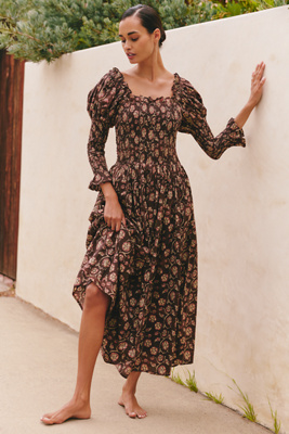 Ro's Garden Jocelyn Puff-sleeve Maxi Dress In Brown