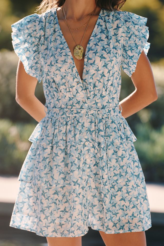 Hunan Flutter Sleeve Mini Dress by Ro's Garden in Blue, Size: Small at Anthropologie