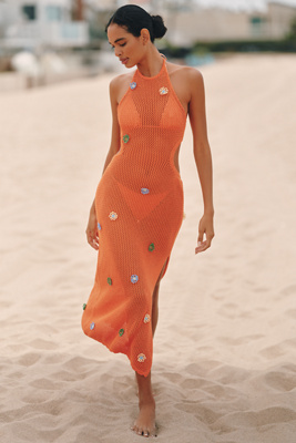 open lace back dress Belize Crochet Midi Dress Cover up- Orange – Girls Will Be Girls main image 0