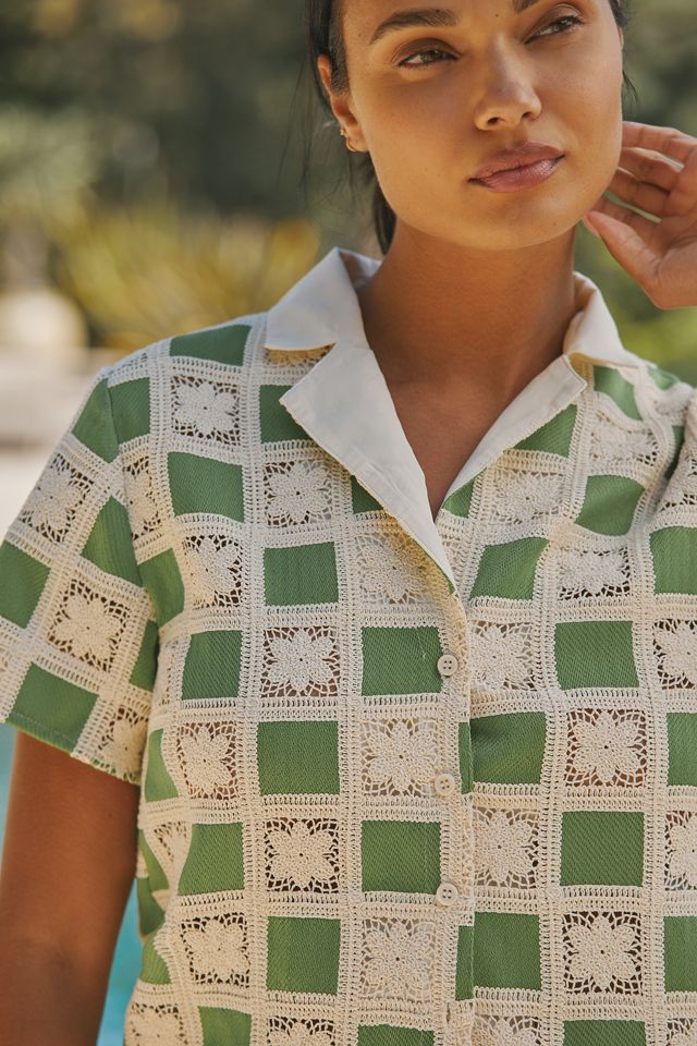 Flat White Short-Sleeve Knit Buttondown Top #2