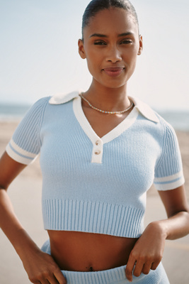 FLAT WHITE POLO CROPPED SHORT-SLEEVE SWEATER 