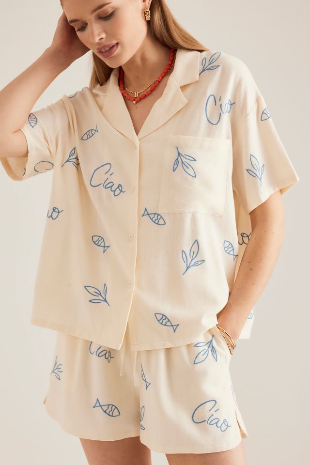 Camisa de Surf Flat White Bordada de Mezcla de Lino #3