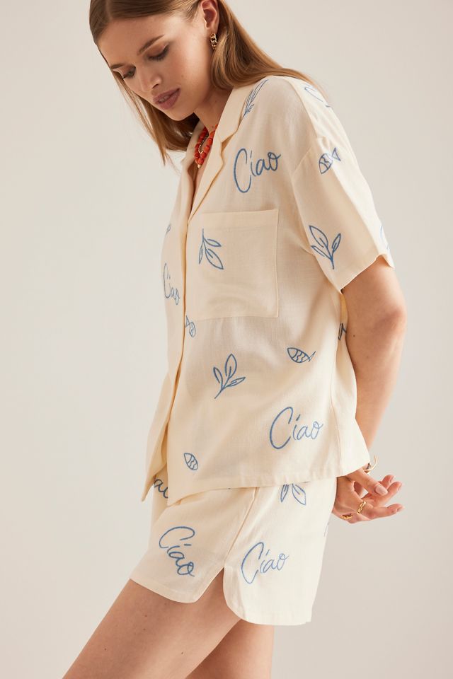 Camisa de Surf Flat White Bordada de Mezcla de Lino #5