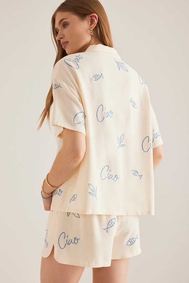 Camisa de Surf Flat White Bordada de Mezcla de Lino #1