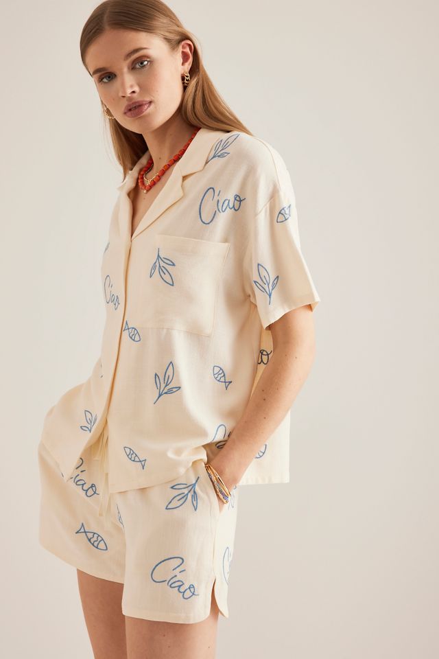 Camisa de Surf Flat White Bordada de Mezcla de Lino #2