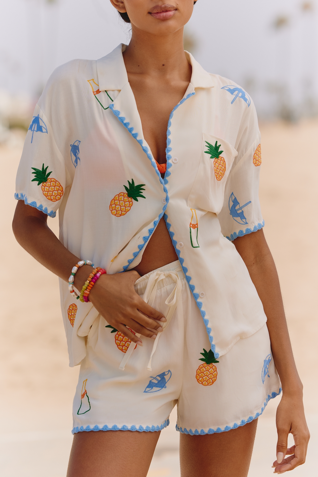 Flat White Embroidered Buttondown Shirt