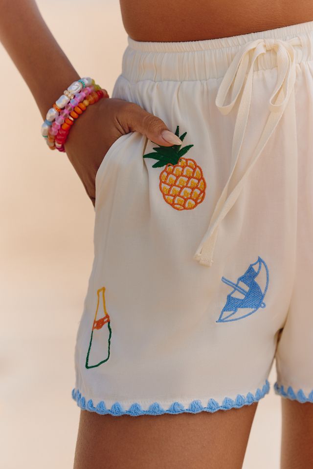 Flat White Embroidered Pull-On Shorts #3