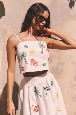 Flat White Tropical Embroidered Tank