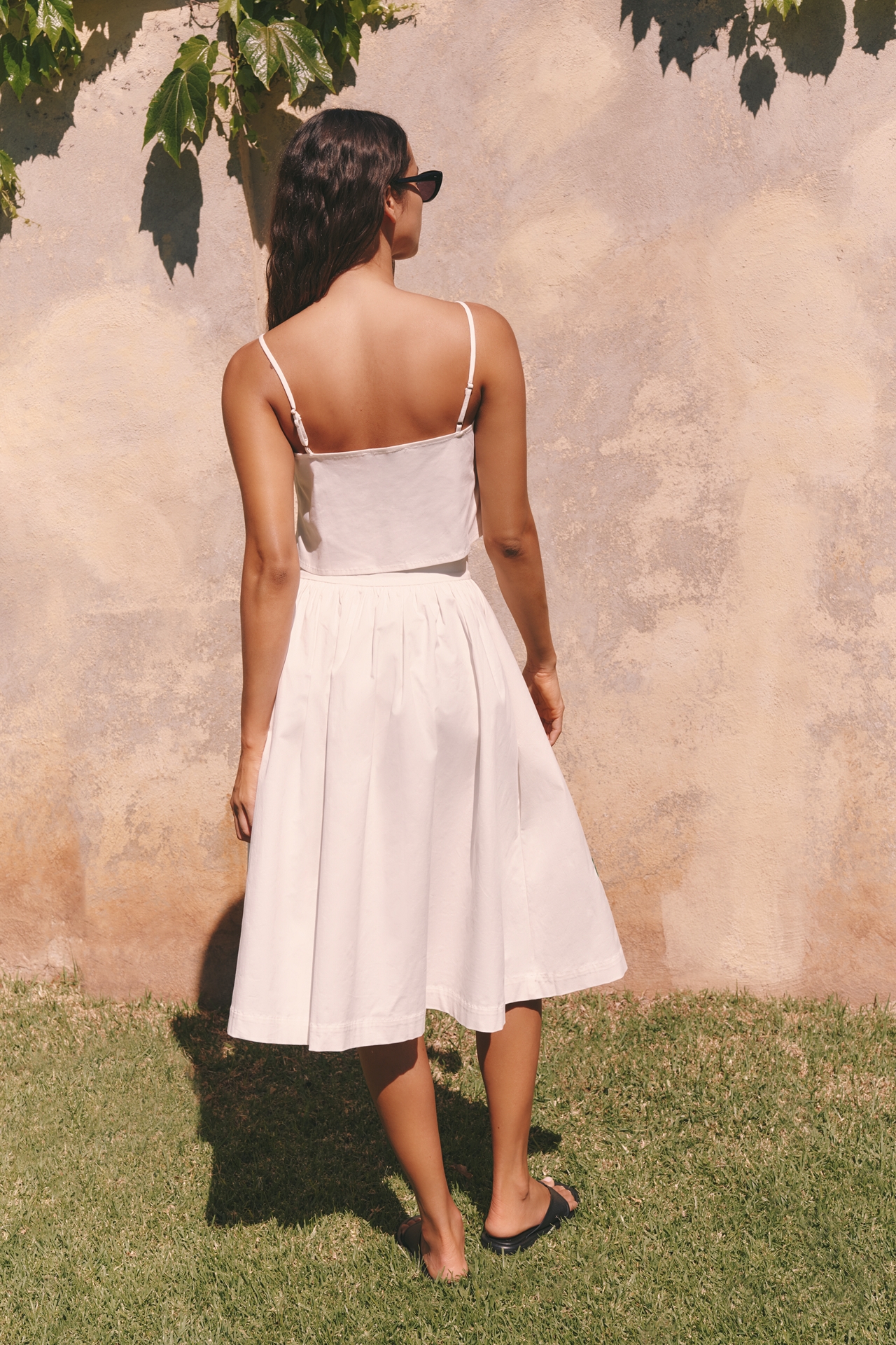 Flat White Tropical Embroidered Midi Skirt