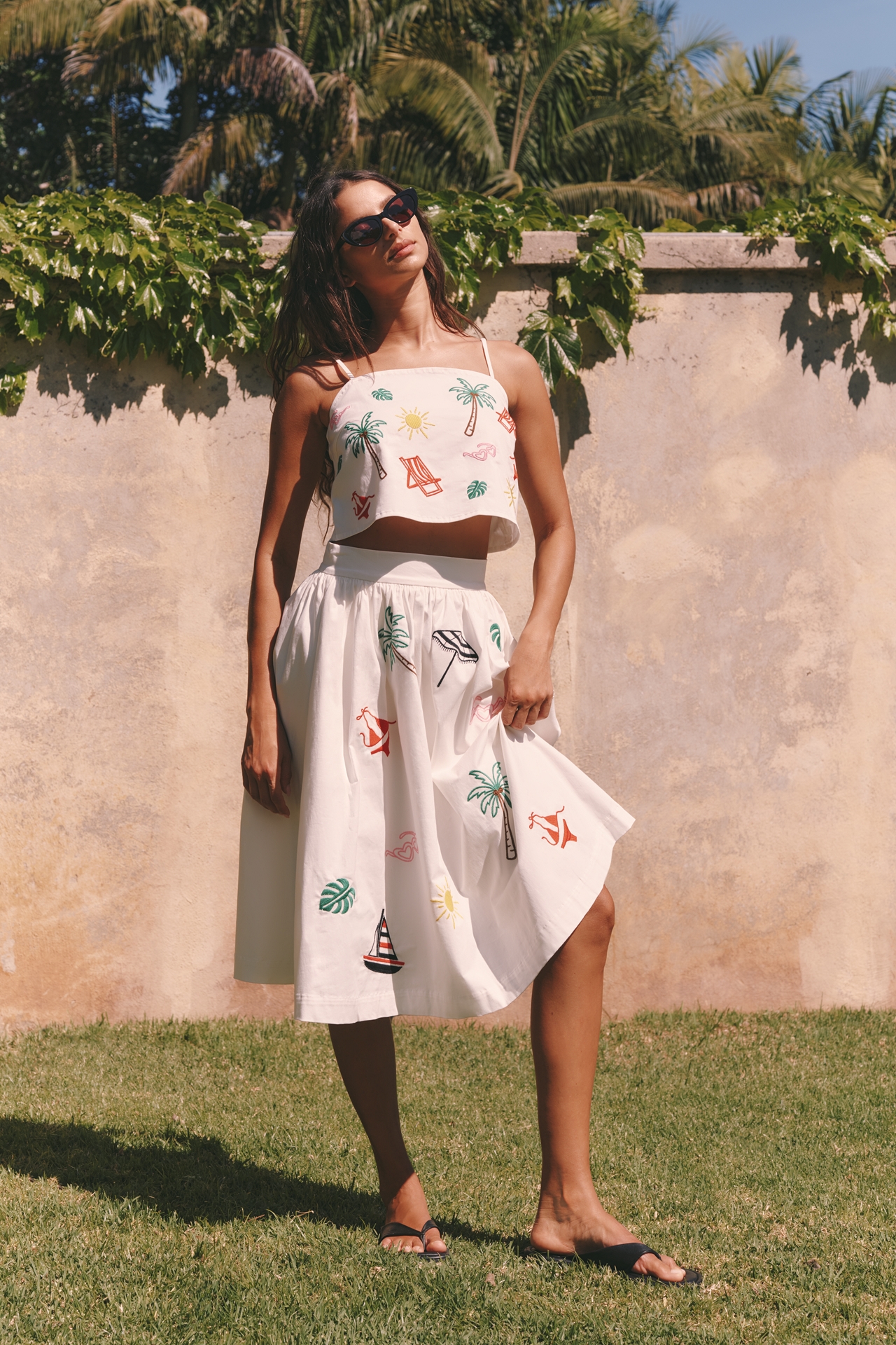 Flat White Tropical Embroidered Midi Skirt